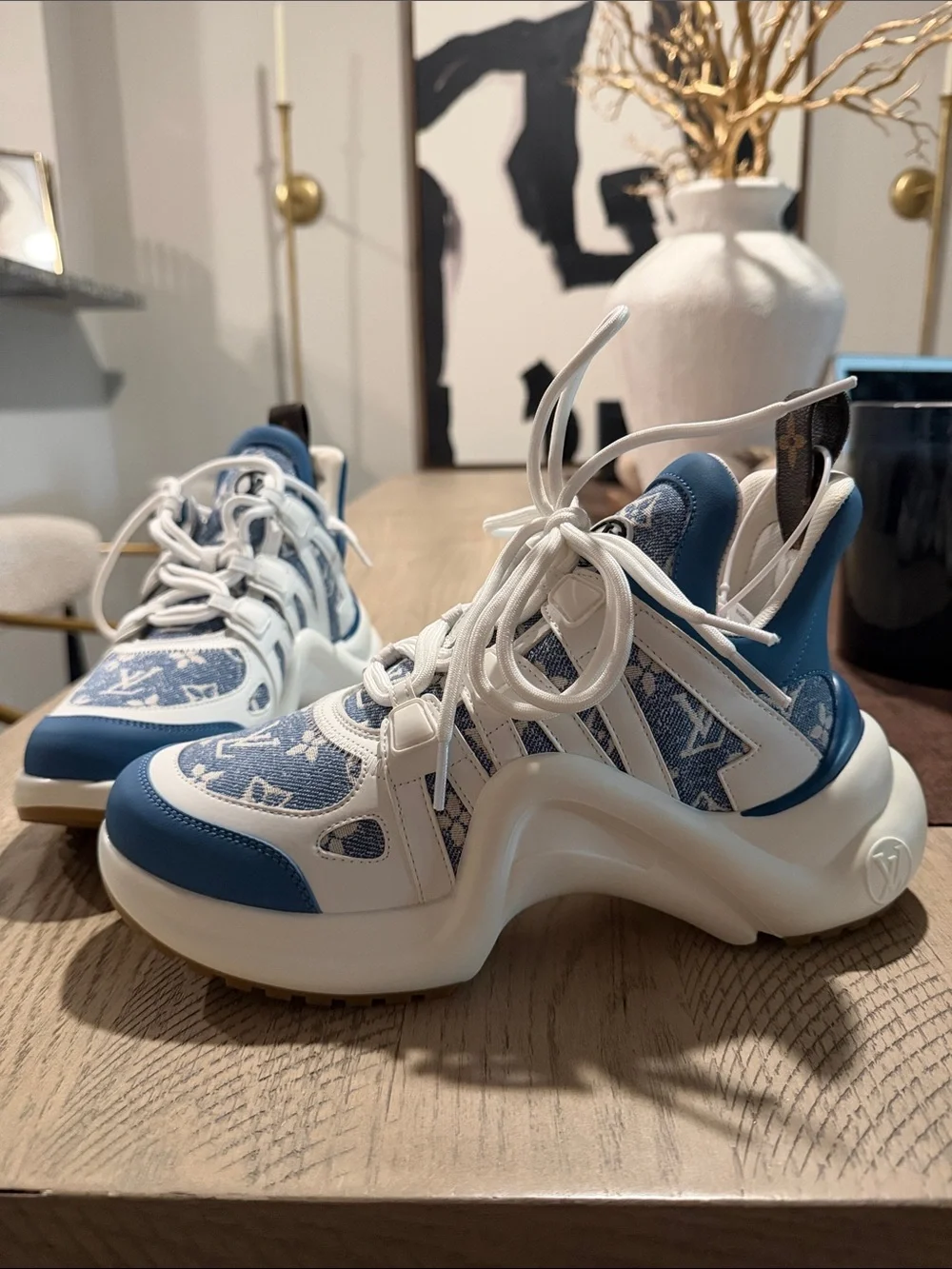 Designer inspired White and Blue Kids Monogram Sneakers